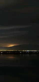 Night-time mountain landscape with dark sky and calm waters.