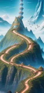 Fantasy wallpaper with a winding path on majestic mountains.