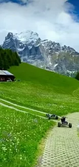 Serene mountain path with lush green fields and snow-capped peaks.