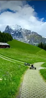 Scenic mountain path over green meadows with majestic peaks in the background.