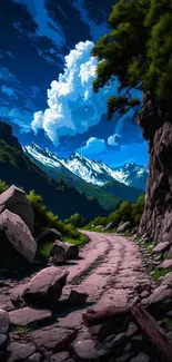 Rocky mountain path under a vibrant blue sky.