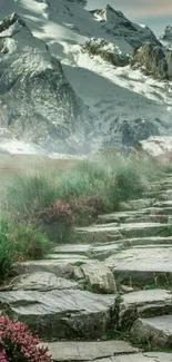 Mountain path with snowy peaks and greenery.