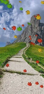 Scenic mountain path with colorful autumn leaves and a blue sky.