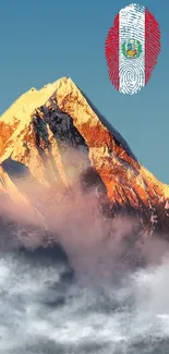 Majestic mountain peak with sunset and fingerprint art overlay.