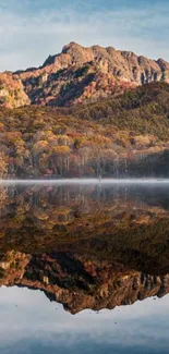 Mountain reflected in tranquil lake with autumn colors.