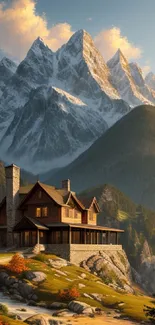 Mountain retreat wallpaper with cabin and autumn foliage.