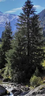 Mountain landscape with trees and cabin under clear sky.