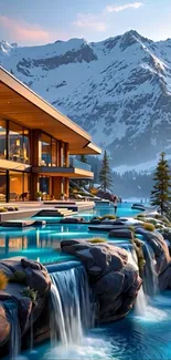 Luxury mountain home with waterfall pools at sunset.
