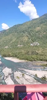 Mountain river flowing through lush green landscape.