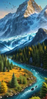 Vibrant mountain river scene with forest and snow-capped peaks, perfect for nature lovers.