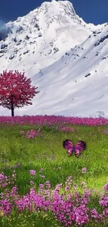 Vibrant landscape with butterfly and snowy mountains.