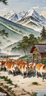 Mountain landscape with oxen herd and rustic house.