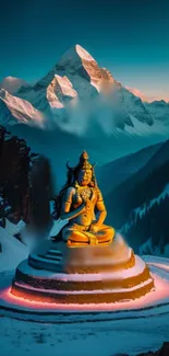 Statue in snowy mountain landscape with serene ambiance