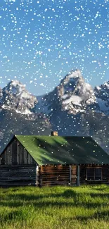 Snow-covered mountains with rustic lodge and blue sky.