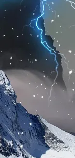 Snowy mountain landscape with lightning in stormy sky.