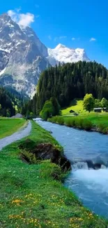 Serene mountain stream with bright blue sky and lush greenery.