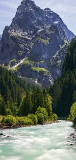 Mountain scenery with river and greenery in a tranquil wallpaper.