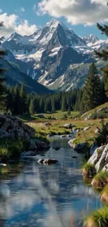 Serene mountain stream with lush greenery and snowy peaks.