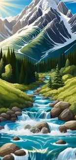 Illustrated mountain stream with lush greenery under the sun.
