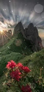 Scenic mountain sunrise with wildflowers, capturing the beauty of dawn over lush peaks.