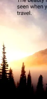 Mountain sunrise with forest silhouette and morning mist.