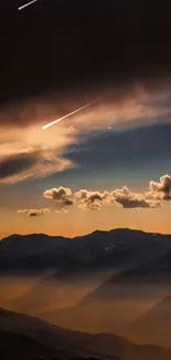 A breathtaking mountain sunset with dramatic clouds and serene landscape.