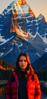 Woman in red jacket with mountain backdrop at sunset.