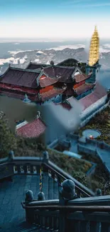 Mystical mountain temple shrouded in clouds with stone staircase.