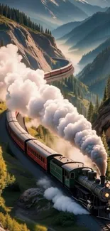 Scenic mountain view with steam train journeying through lush landscape.