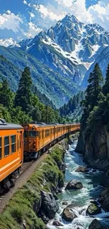 Orange train travels through mountainous landscape with river.