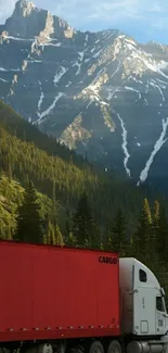 Truck journey through mountain landscape with green forest foreground.