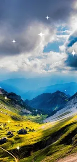 Breathtaking mountain valley with clouds and green landscape.