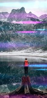 Person stands on stump overlooking a purple-hued mountain and lake reflection.