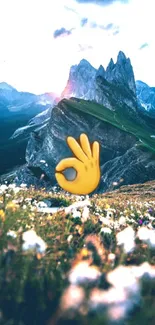 Mountain landscape with an emoji, perfect for phone wallpaper.