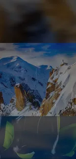 Majestic mountain view with snow-capped peaks under a bright blue sky.