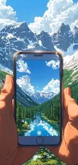 Hands holding phone with mountain scene.