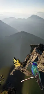 Vibrant butterfly and hummingbird on a mountain top.