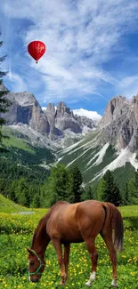 Mountain landscape with horse and hot air balloon.