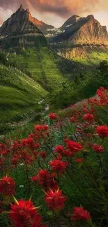 Stunning mountain view with red flowers in foreground.