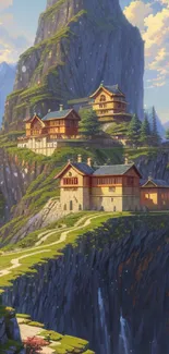 Fantasy mountain village with houses on a cliff, under a vibrant blue sky.