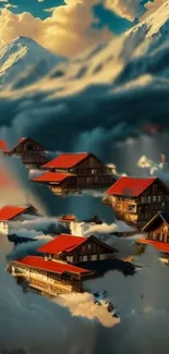 Mountain village with red roofs among clouds and majestic peaks.