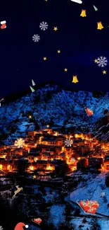 Nightscape of illuminated mountain village under starry sky.