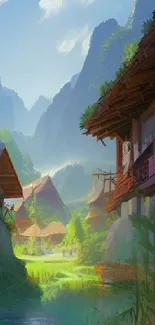 Rustic mountain village with lush greenery and misty peaks.