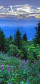 Serene mountain landscape with lush greenery and a vibrant blue sky.