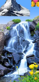 Mountain waterfall with blue sky and vibrant flowers wallpaper.