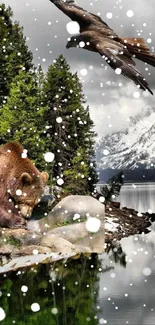 Bear and eagle in a mountain landscape with a serene lake.