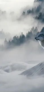 Wolf standing in snowy, misty forest landscape.