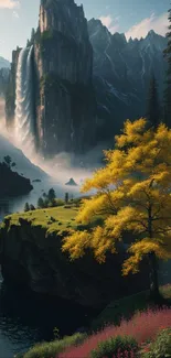 Mountainous landscape with waterfall and lake.