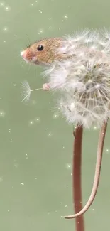 A tiny mouse perched on a dandelion against a soft green background.