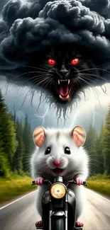 Mouse rides motorcycle under stormy cloud with red-eyed creature.